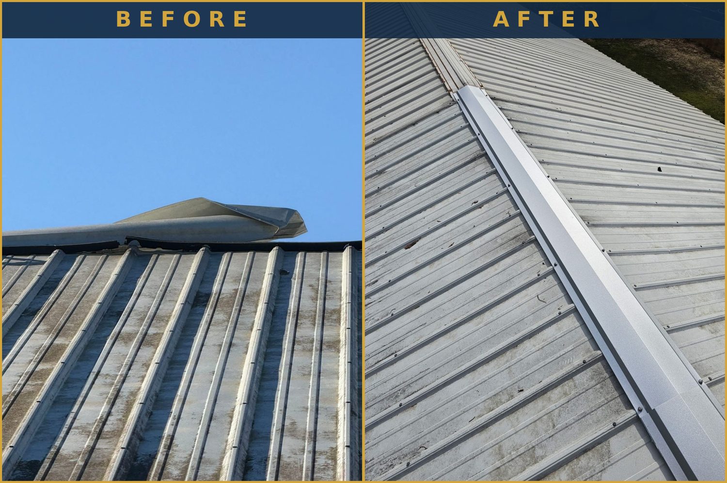 Before & after — storm-damaged metal roof ridge cap replaced — Precision Palmetto, Columbia SC